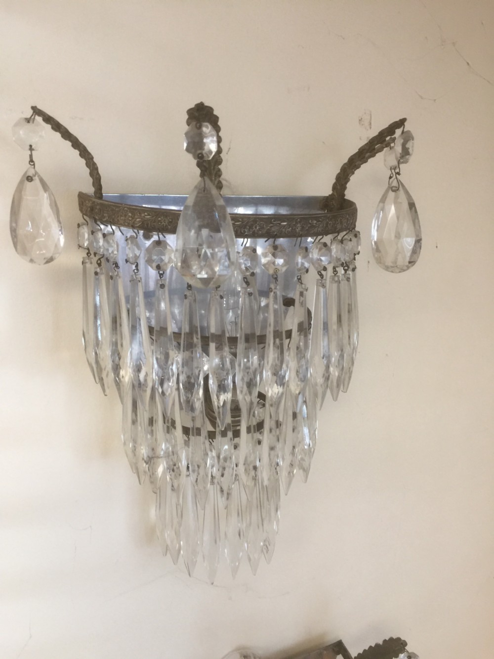 Pair of cut glass wall lights fully complete View II