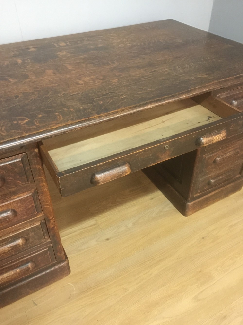Large oak twin pedestal desk with fielded panels circa 1910 View VI