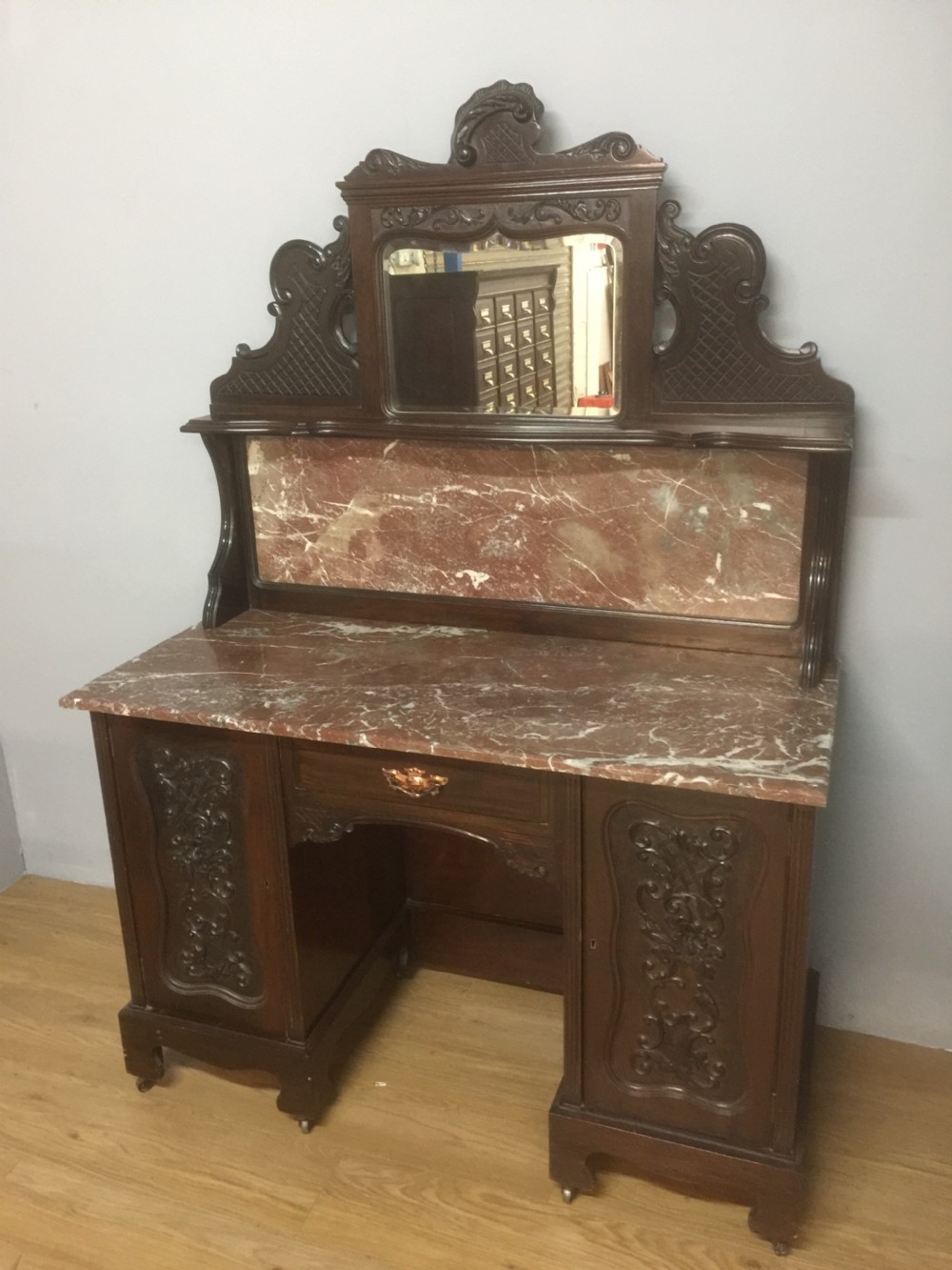 Art nouveau carved mahogany marble topped washstand circa 1900