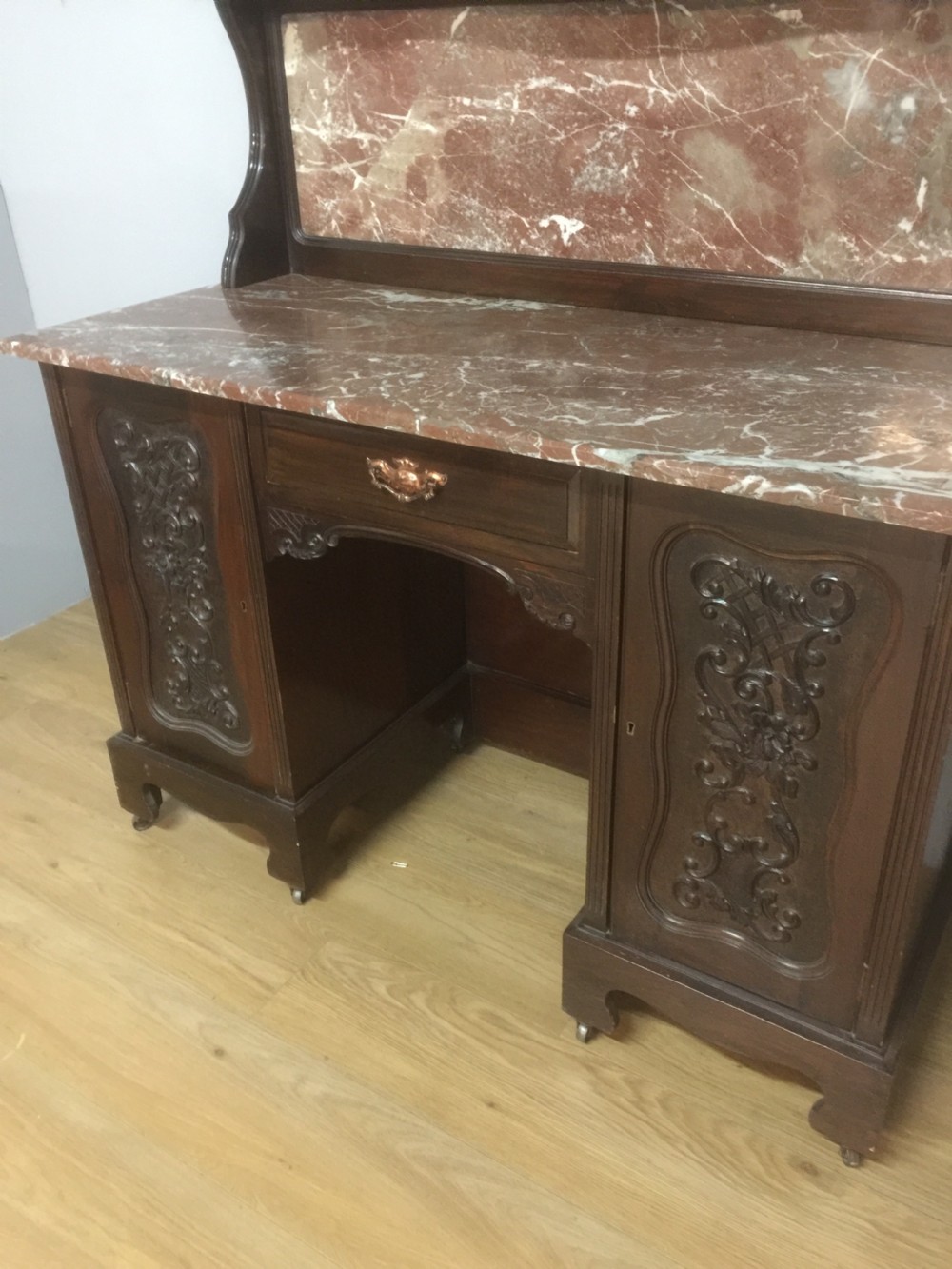 Art nouveau carved mahogany marble topped washstand circa 1900 View II