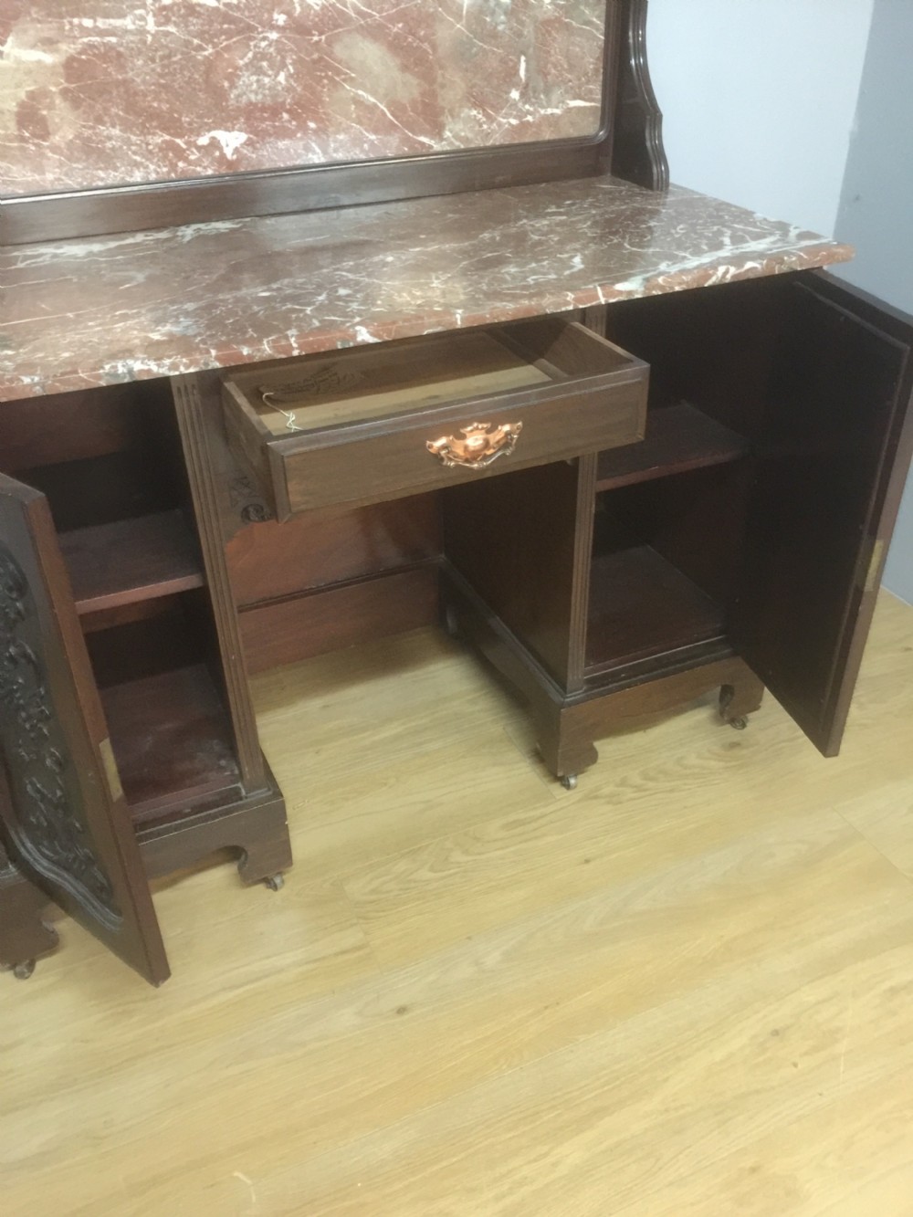 Art nouveau carved mahogany marble topped washstand circa 1900 View IV