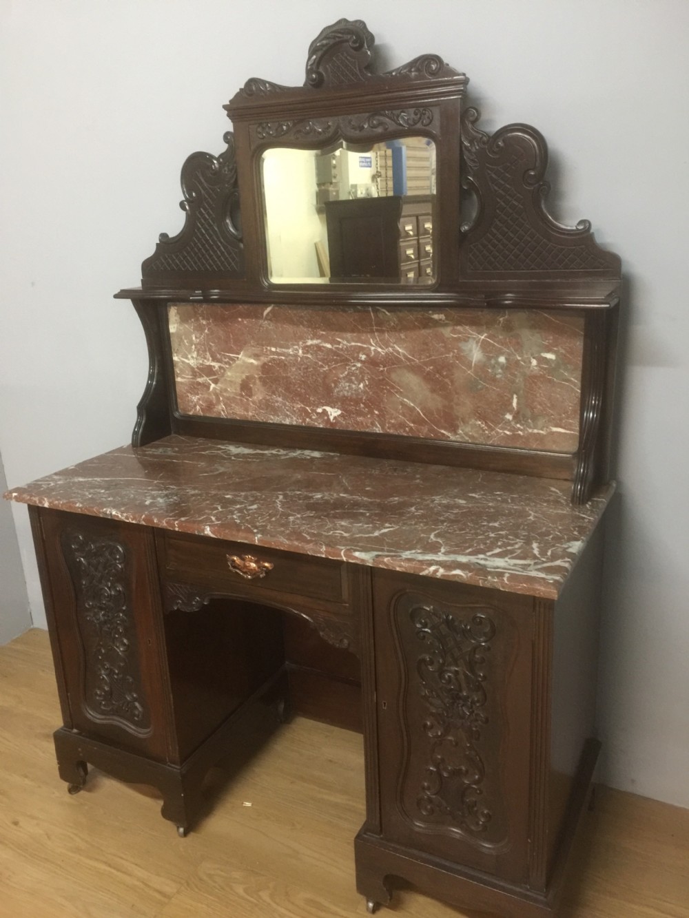 Art nouveau carved mahogany marble topped washstand circa 1900 View X