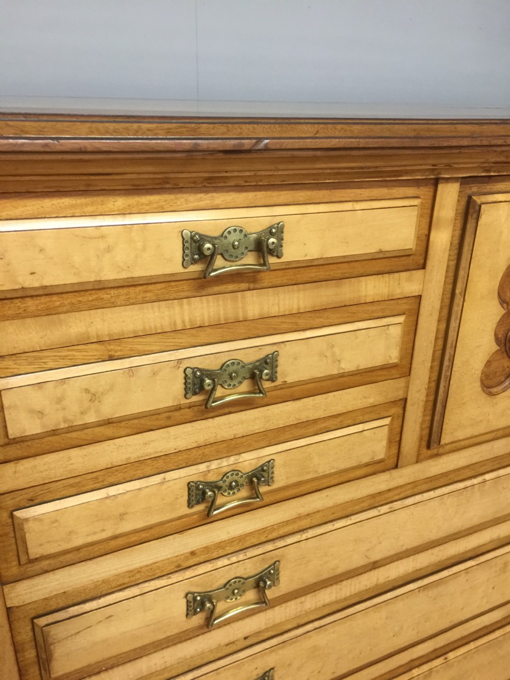 Rare nineteenth century birds eye maple and mahogany chest of drawers  View II