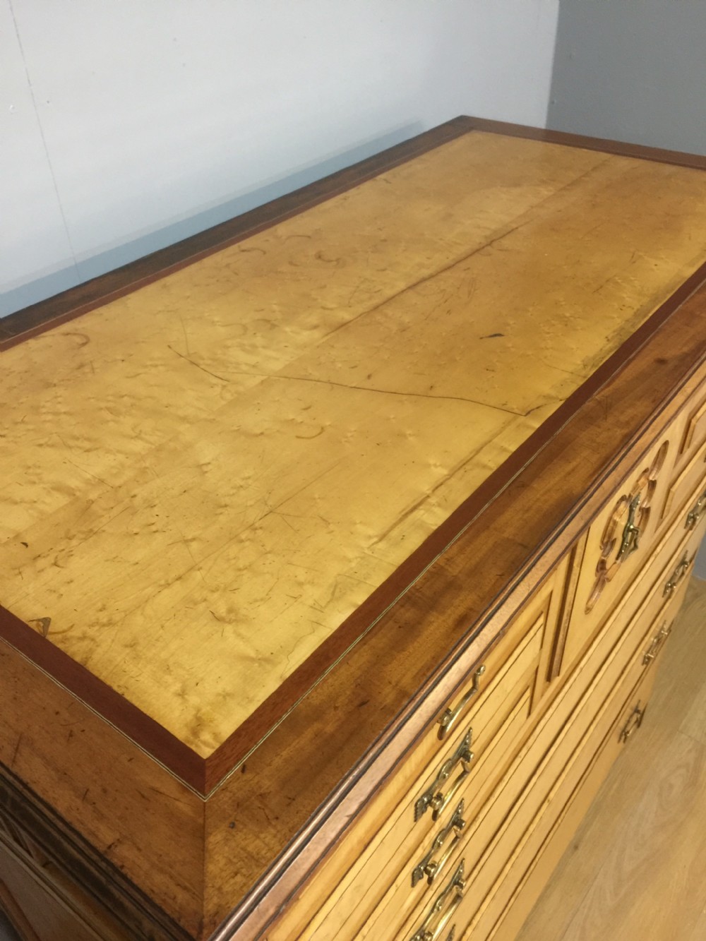 Rare nineteenth century birds eye maple and mahogany chest of drawers  View IV