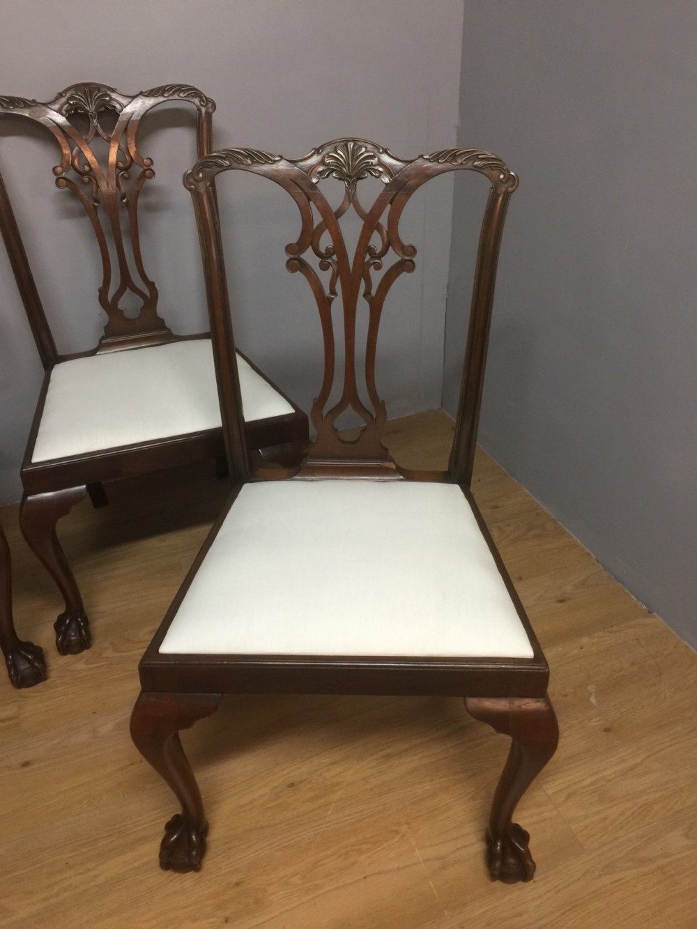 Four Edwardian solid mahogany Chippendale style dining chairs  View II