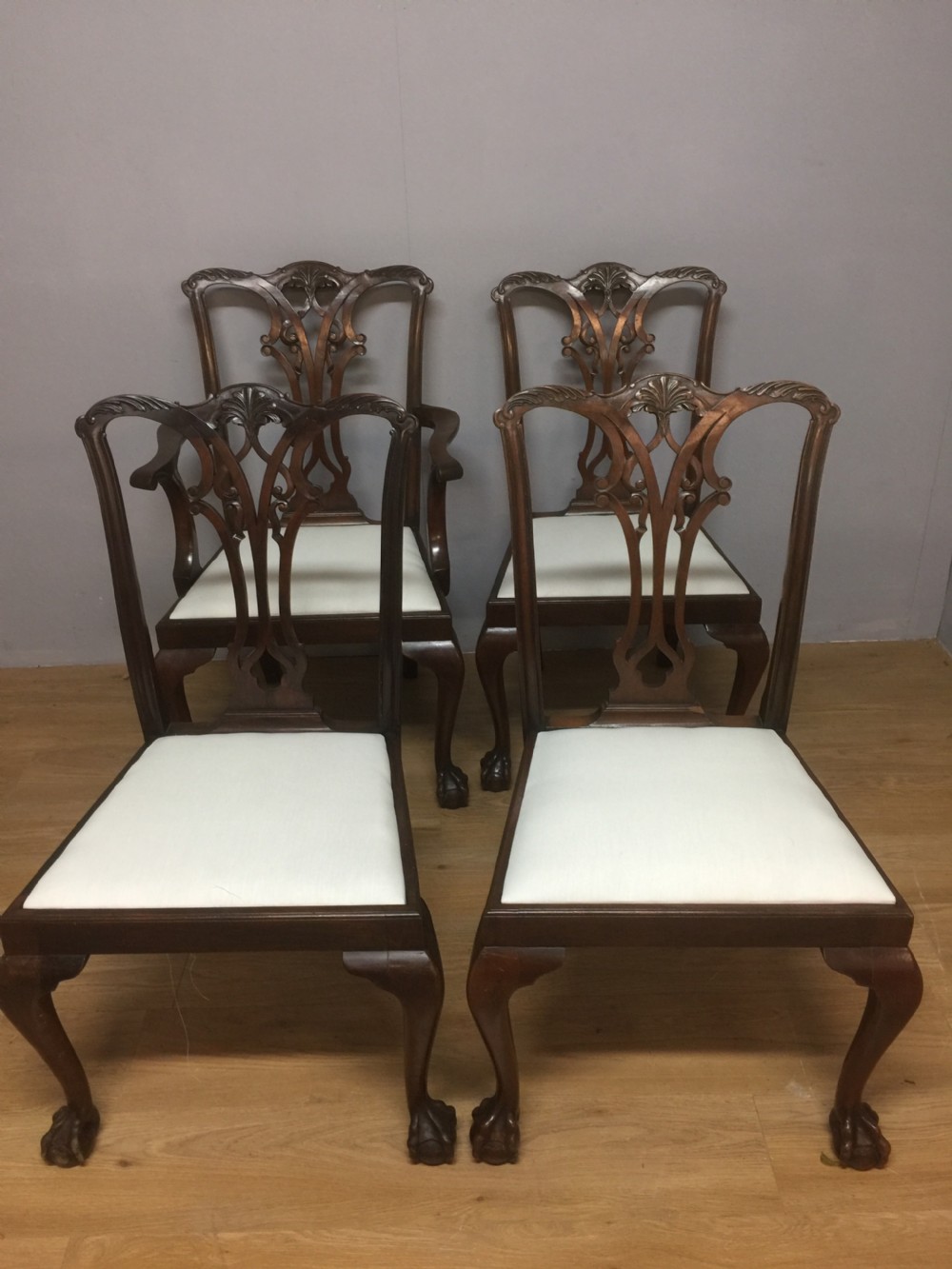 Four Edwardian solid mahogany Chippendale style dining chairs  View IX