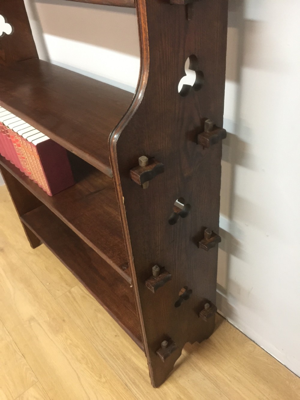 Arts and crafts seven height oak shelves circa 1900 View II