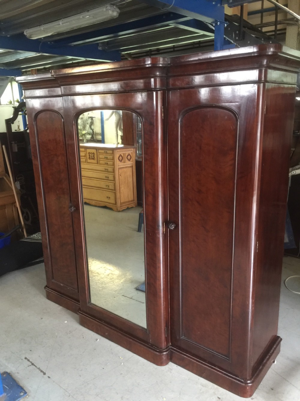 Nineteenth century flame mahogany triple wardrobe View II