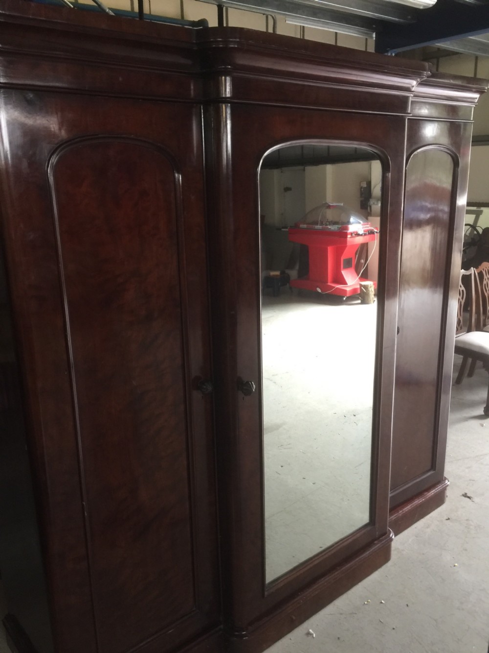 Nineteenth century flame mahogany triple wardrobe View VI
