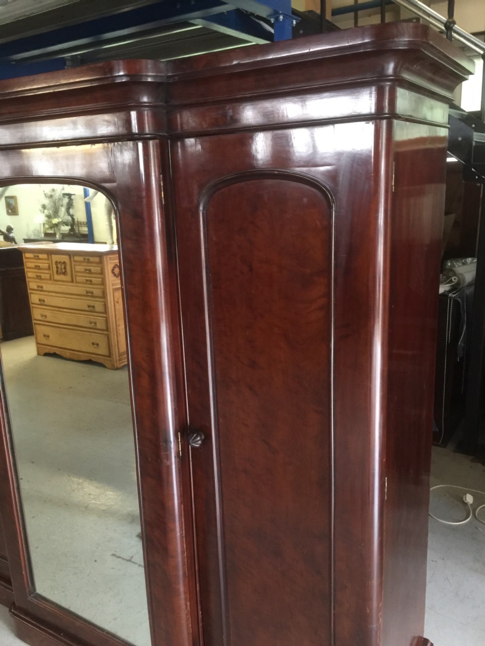 Nineteenth century flame mahogany triple wardrobe View IX