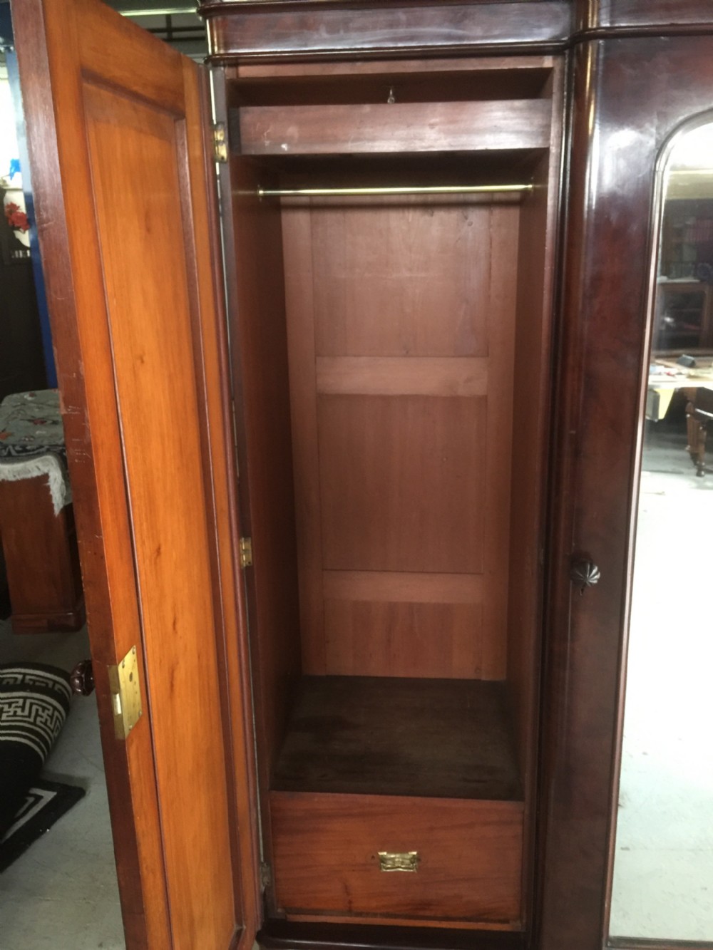 Nineteenth century flame mahogany triple wardrobe View XI