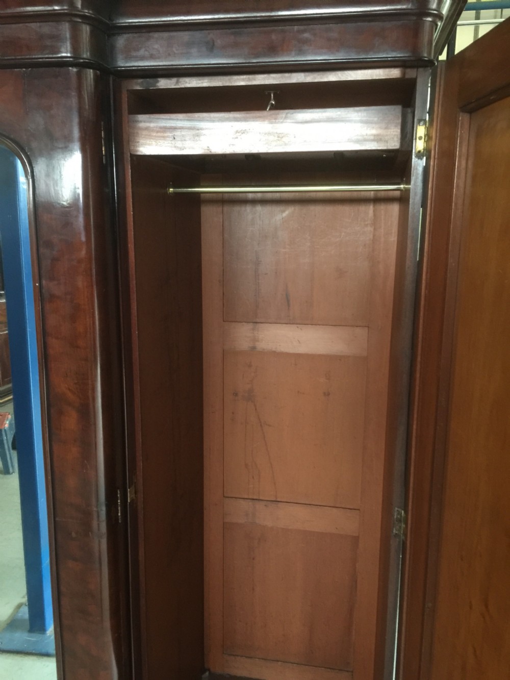 Nineteenth century flame mahogany triple wardrobe View XIII