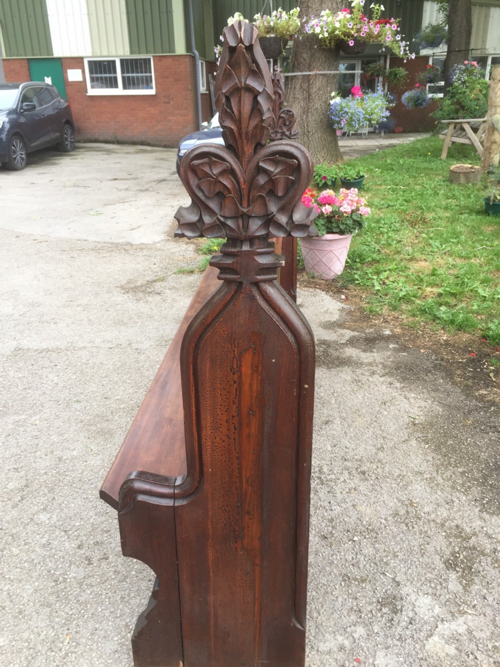 Nineteenth century pine pew with carved fleur de Lys finials   View XI