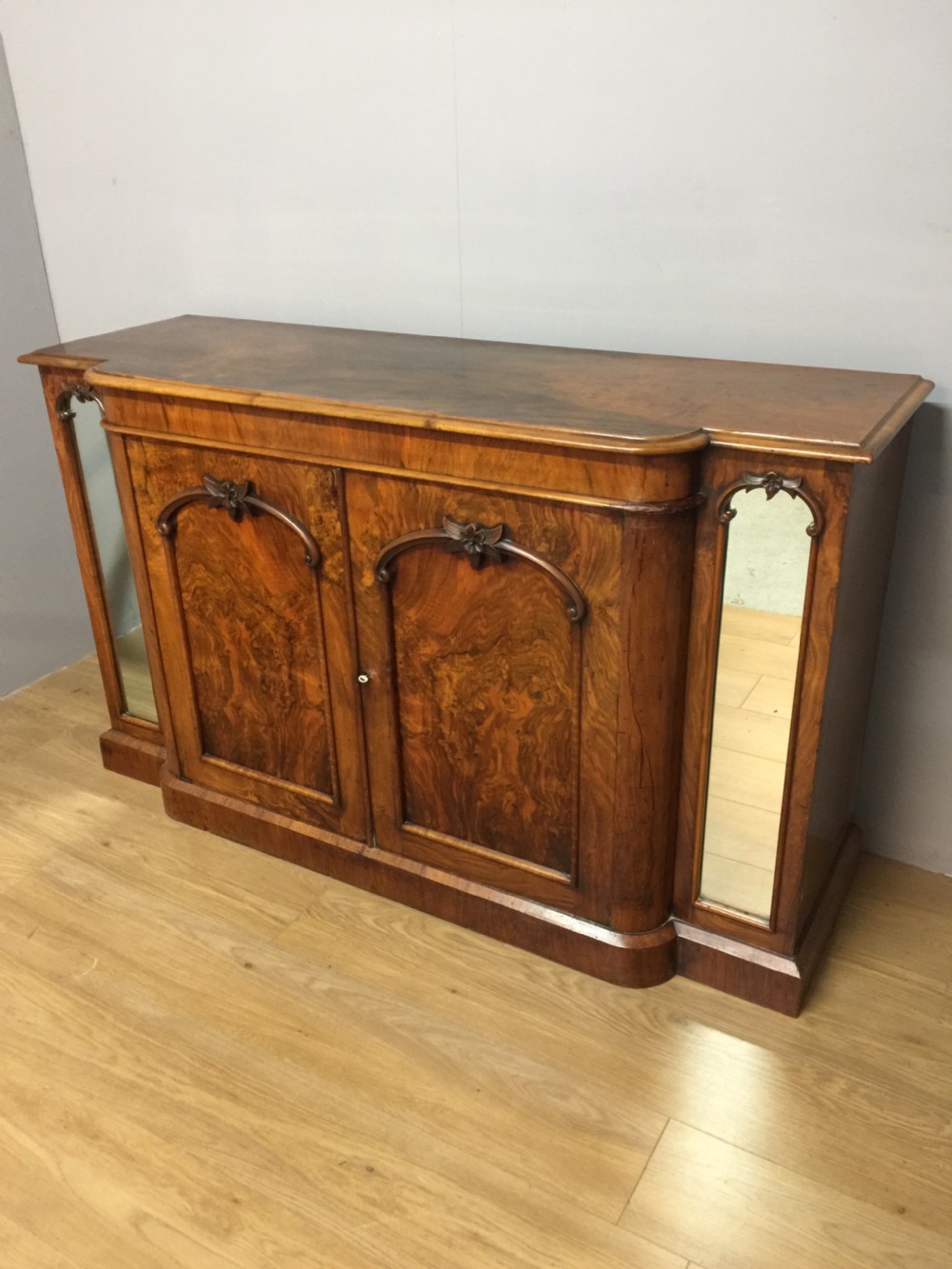 Nineteenth century burr walnut breakfront side cabinet View II