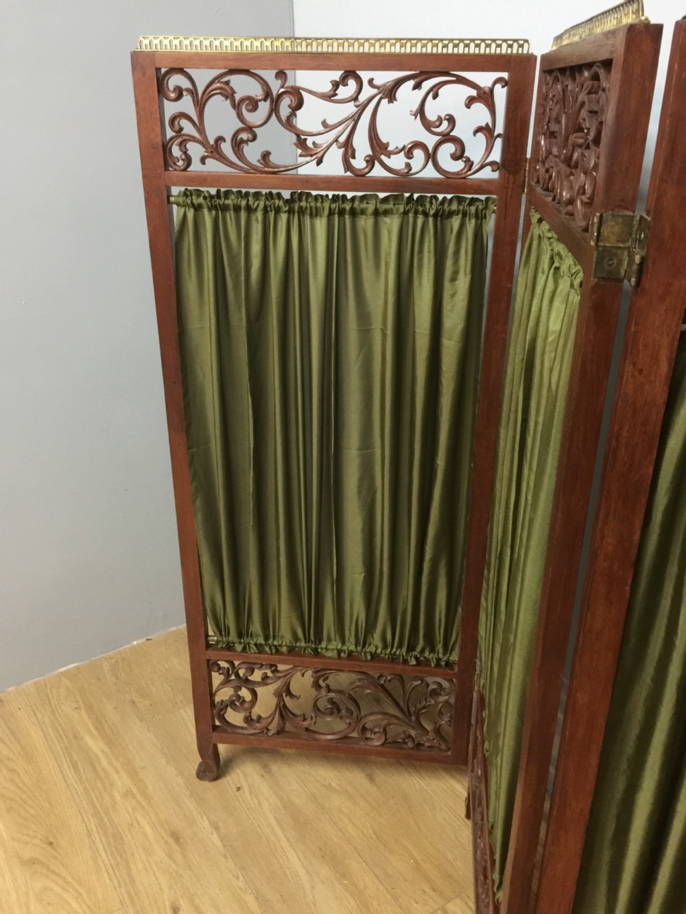 Late nineteenth century four panel screen with scrolling panels and brass gallery  View IV