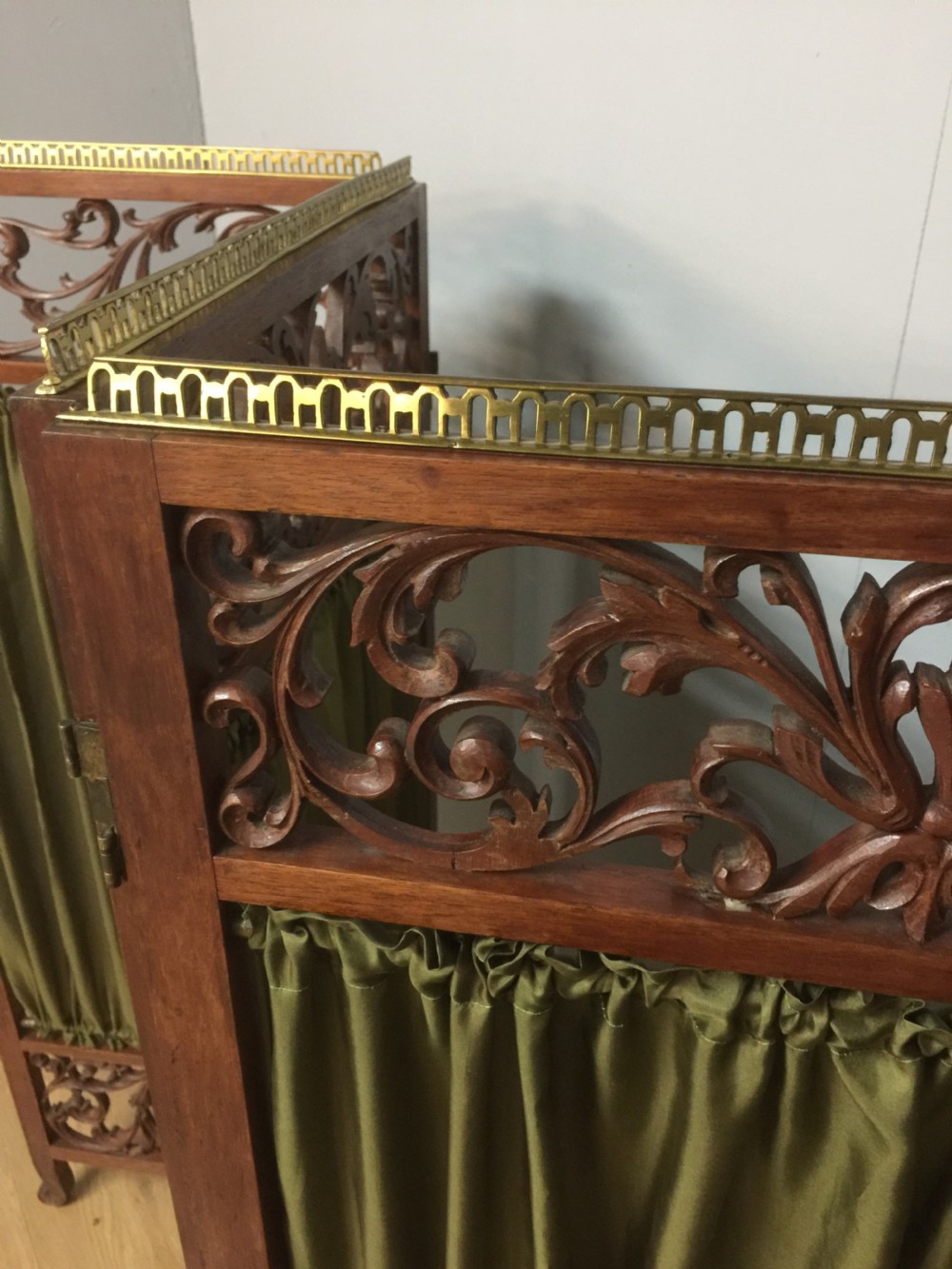Late nineteenth century four panel screen with scrolling panels and brass gallery  View V