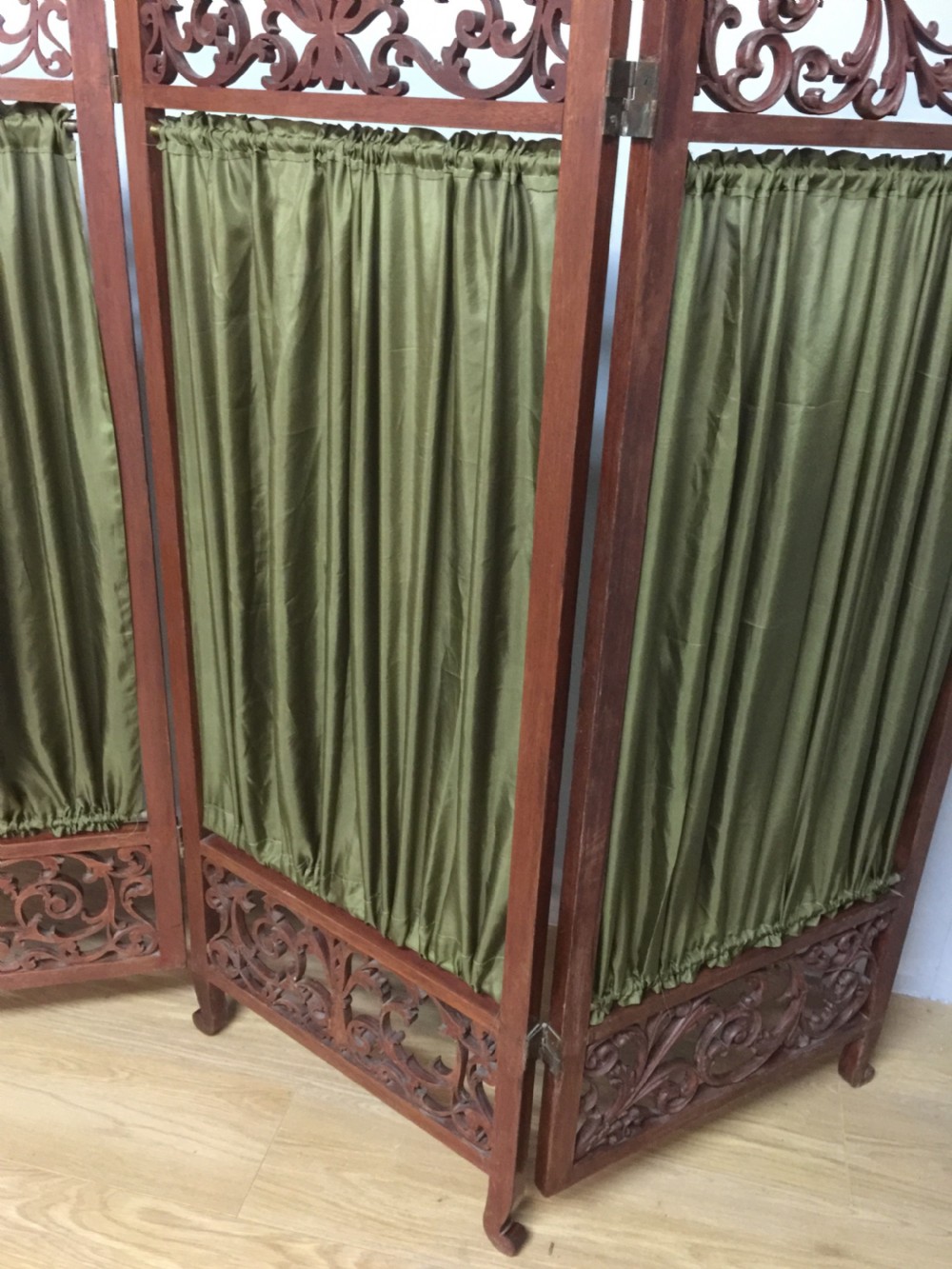 Late nineteenth century four panel screen with scrolling panels and brass gallery  View X