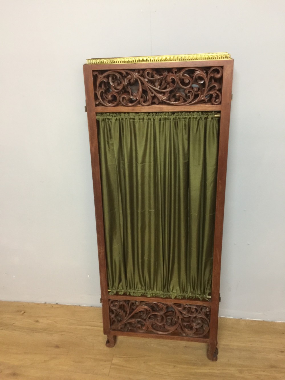 Late nineteenth century four panel screen with scrolling panels and brass gallery  View XI