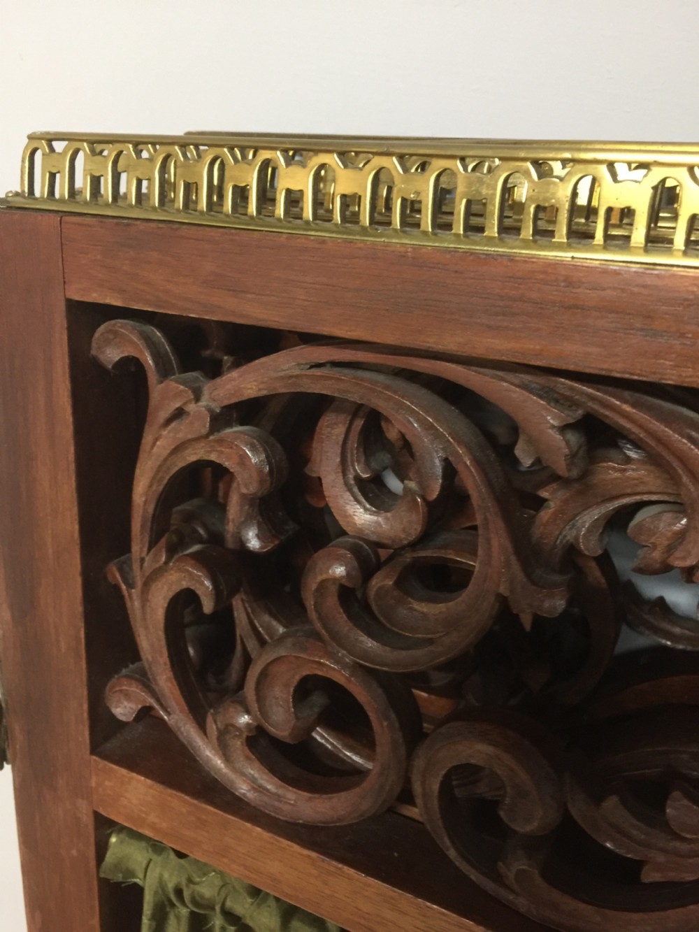 Late nineteenth century four panel screen with scrolling panels and brass gallery  View XII