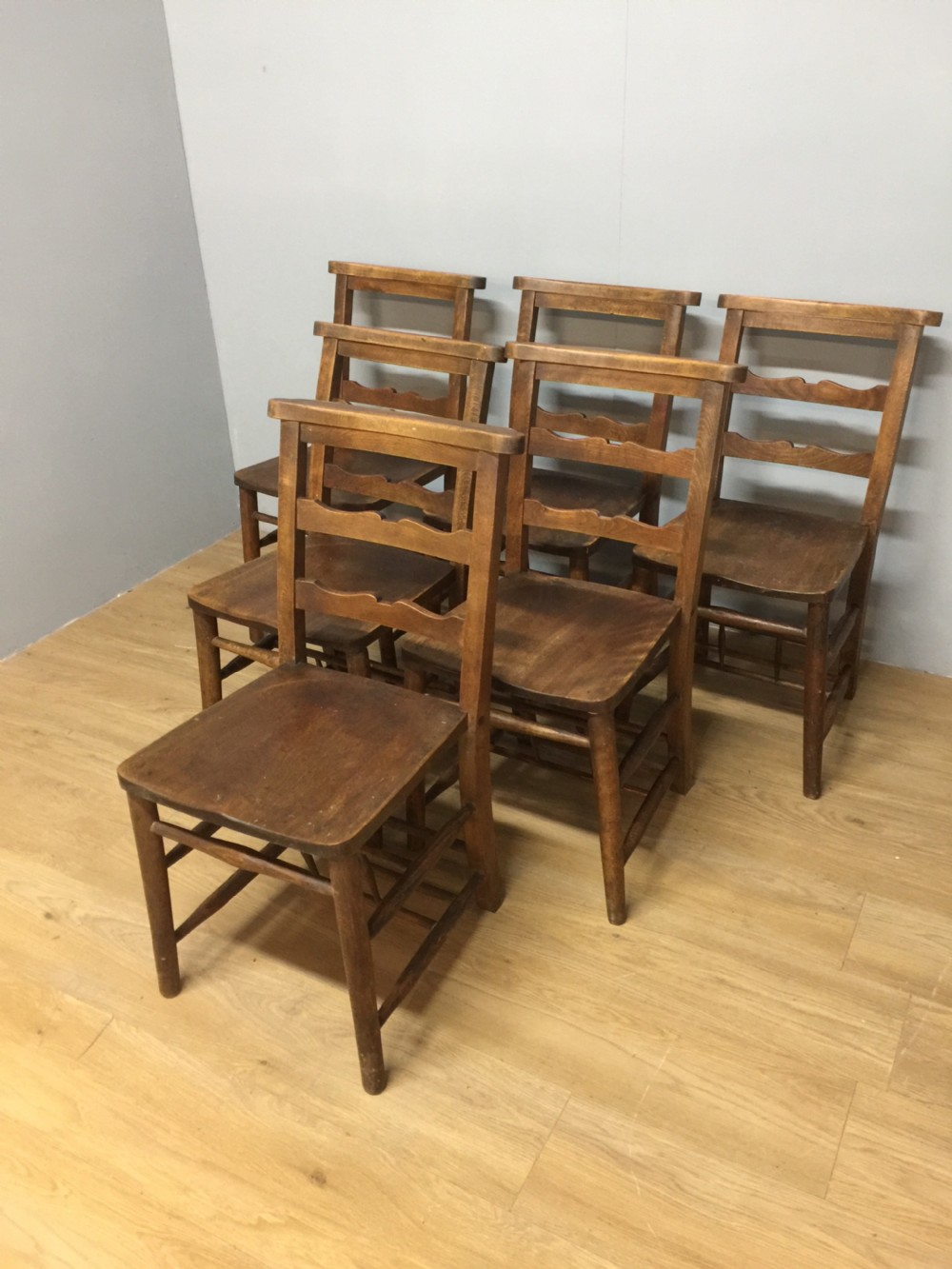 Set of six nineteenth century chapel chairs 