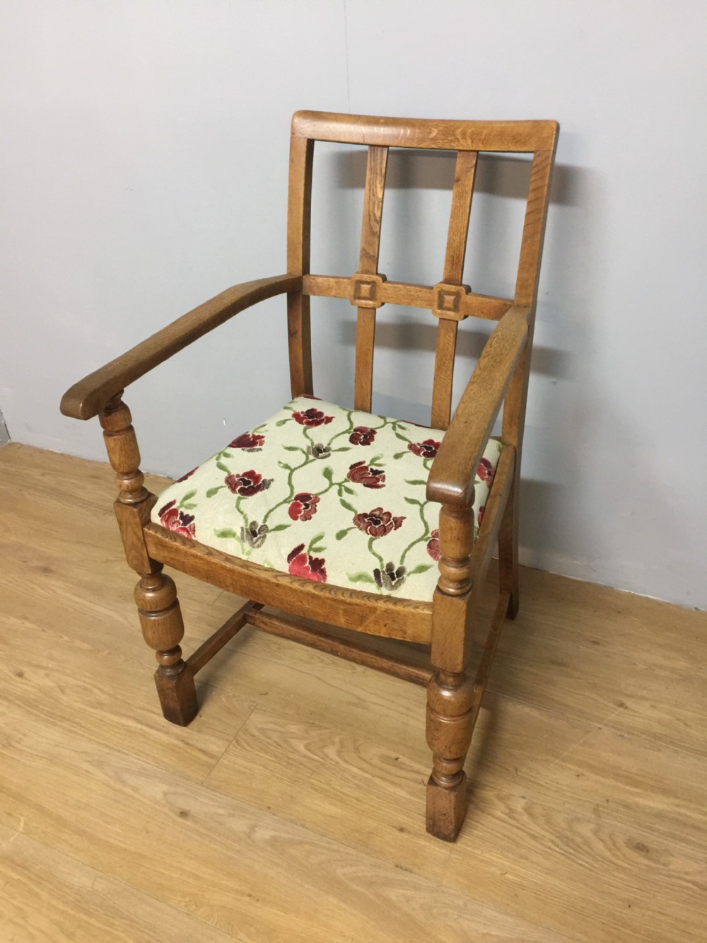 Arts and Crafts golden oak armchair from a Masonic lodge 