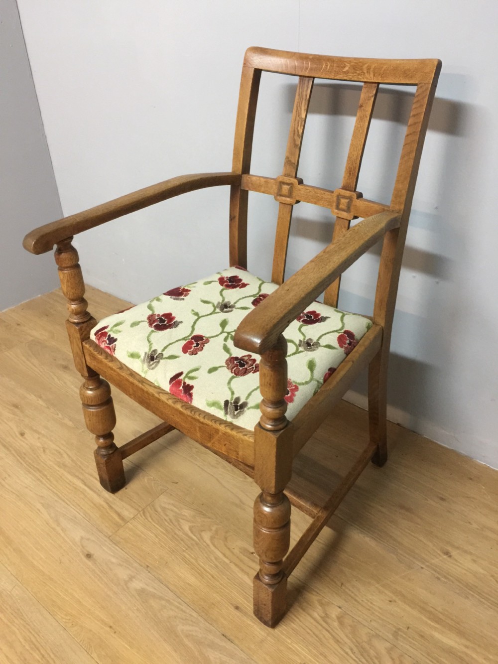 Arts and Crafts golden oak armchair from a Masonic lodge  View II