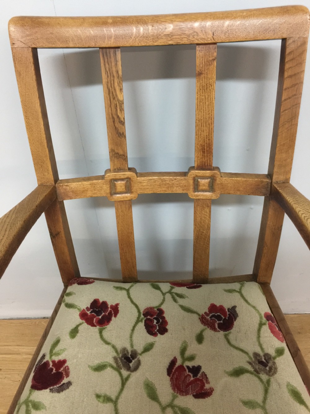 Arts and Crafts golden oak armchair from a Masonic lodge  View V