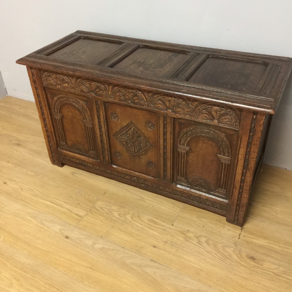 Carved and panelled oak coffer Great colour