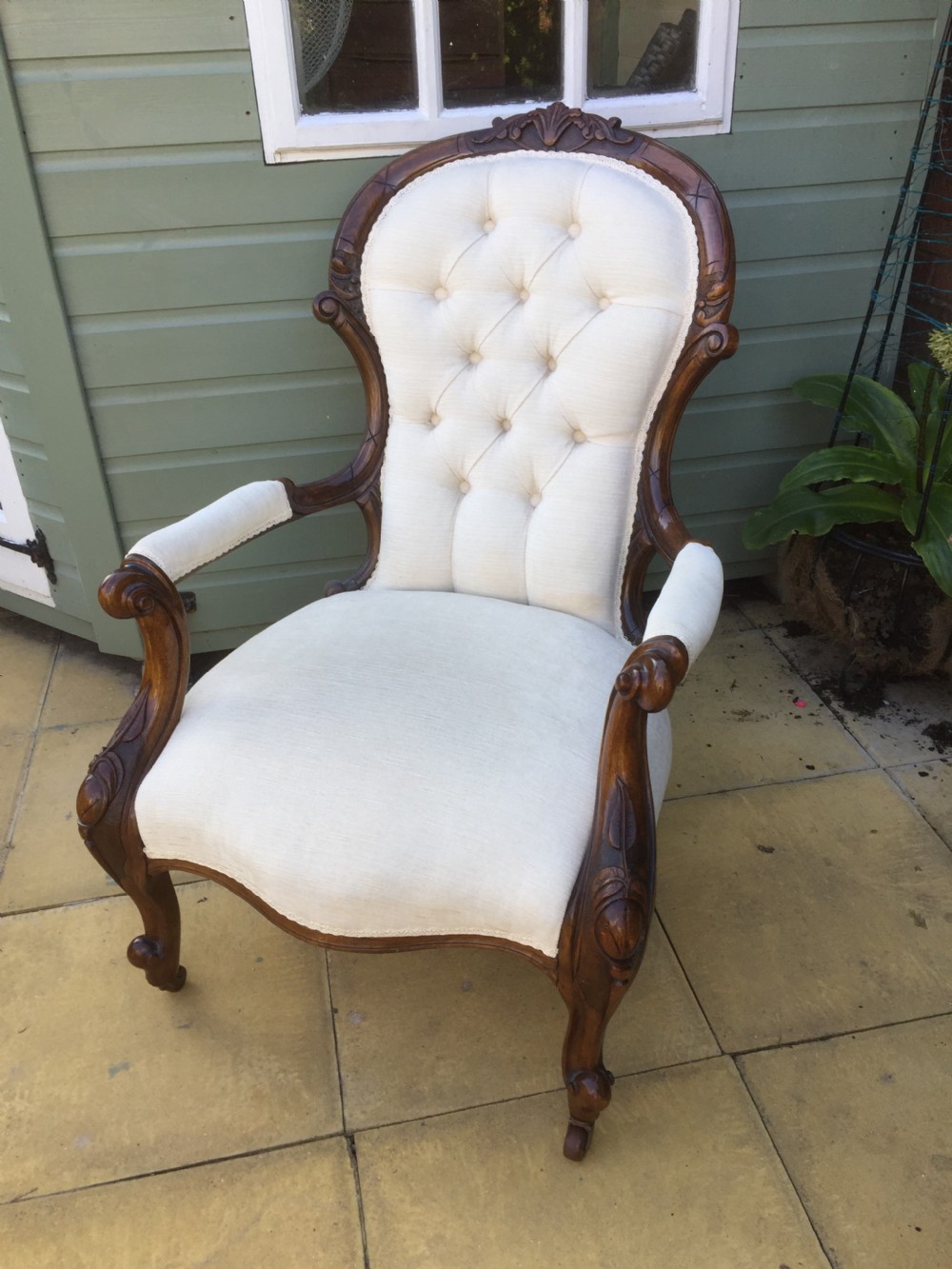 Nineteenth century walnut open armchair in cream velvet 