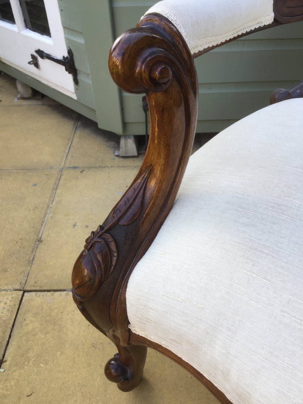 Nineteenth century walnut open armchair in cream velvet  View III