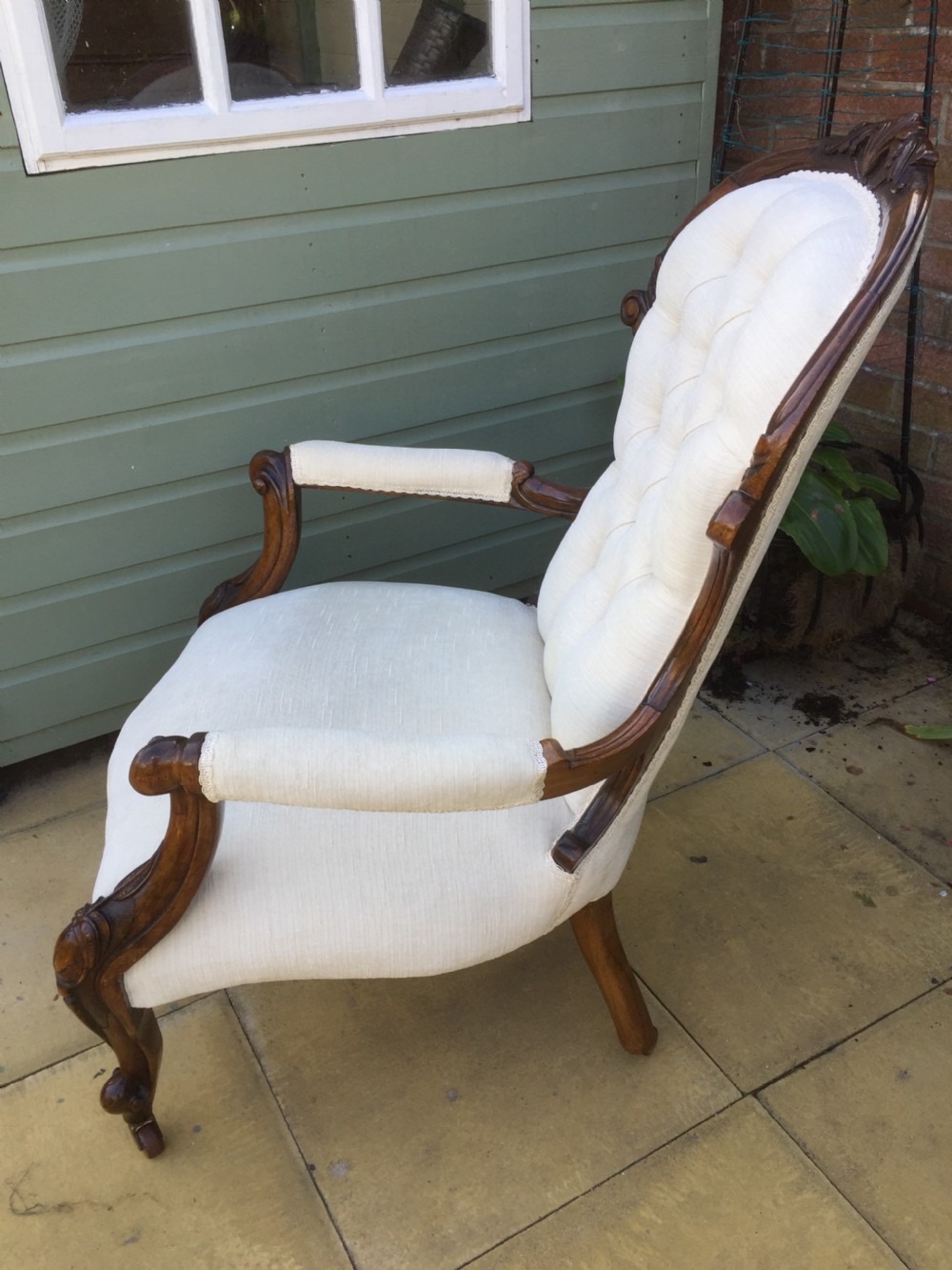 Nineteenth century walnut open armchair in cream velvet  View IV