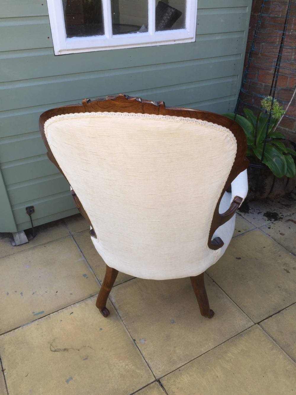 Nineteenth century walnut open armchair in cream velvet  View V