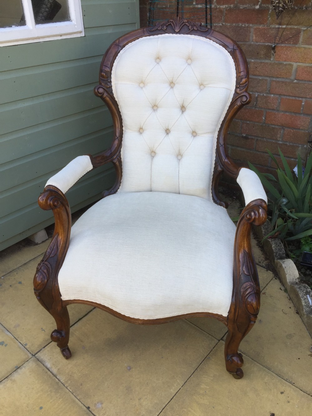 Nineteenth century walnut open armchair in cream velvet  View VI