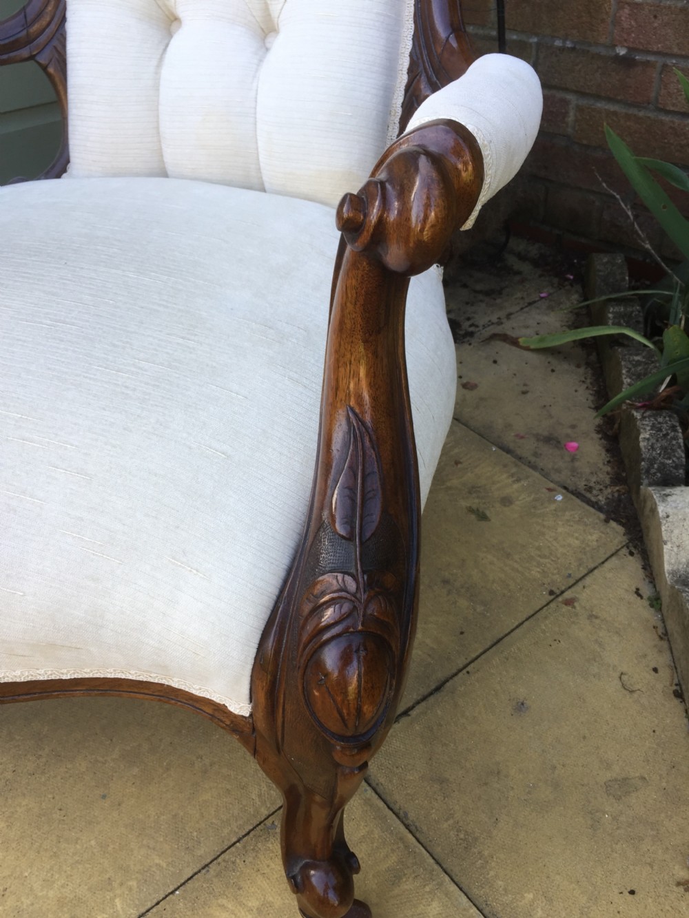 Nineteenth century walnut open armchair in cream velvet  View VII