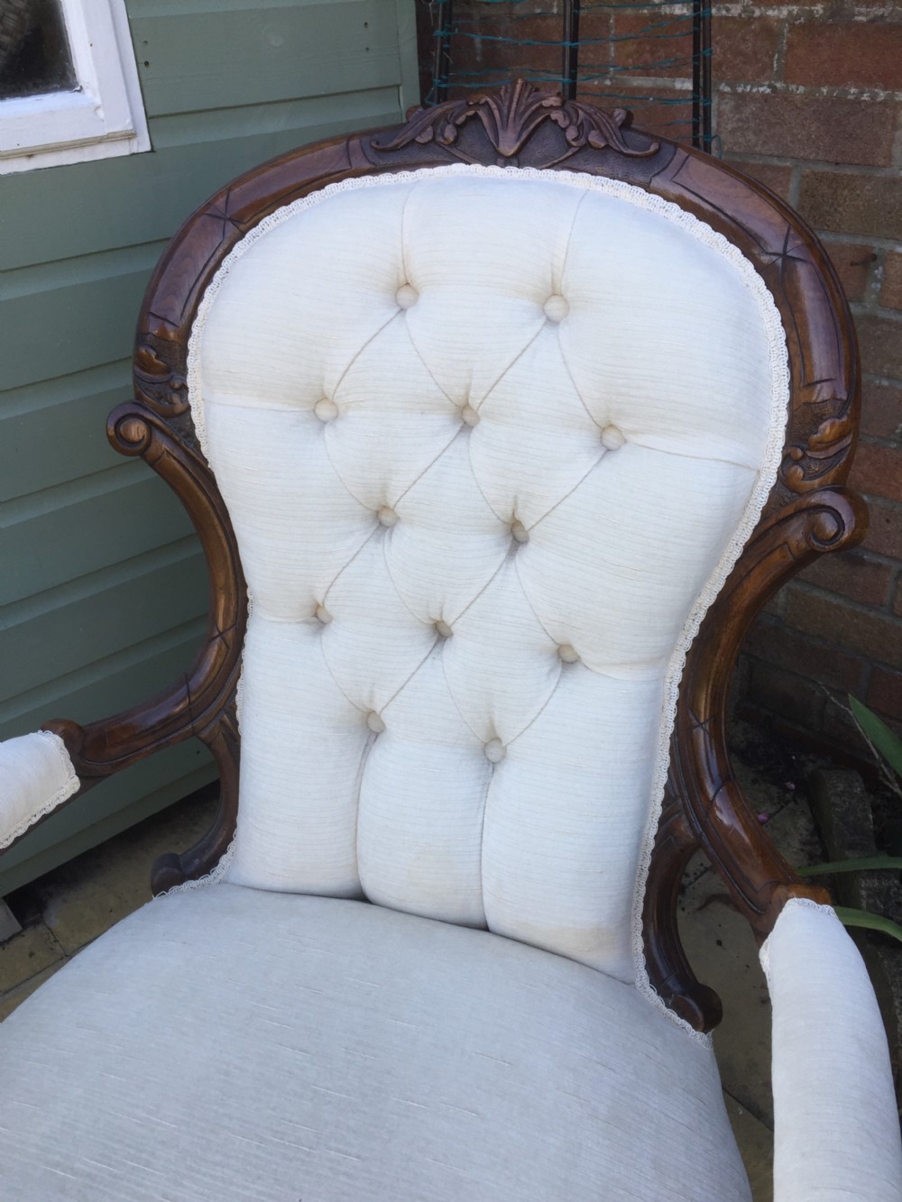 Nineteenth century walnut open armchair in cream velvet  View IX