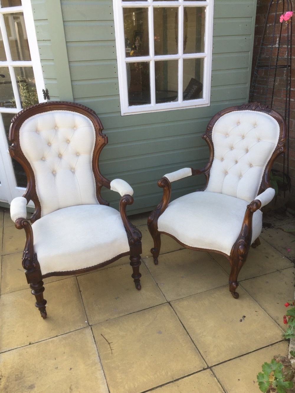 Nineteenth century walnut open armchair in cream velvet  View X