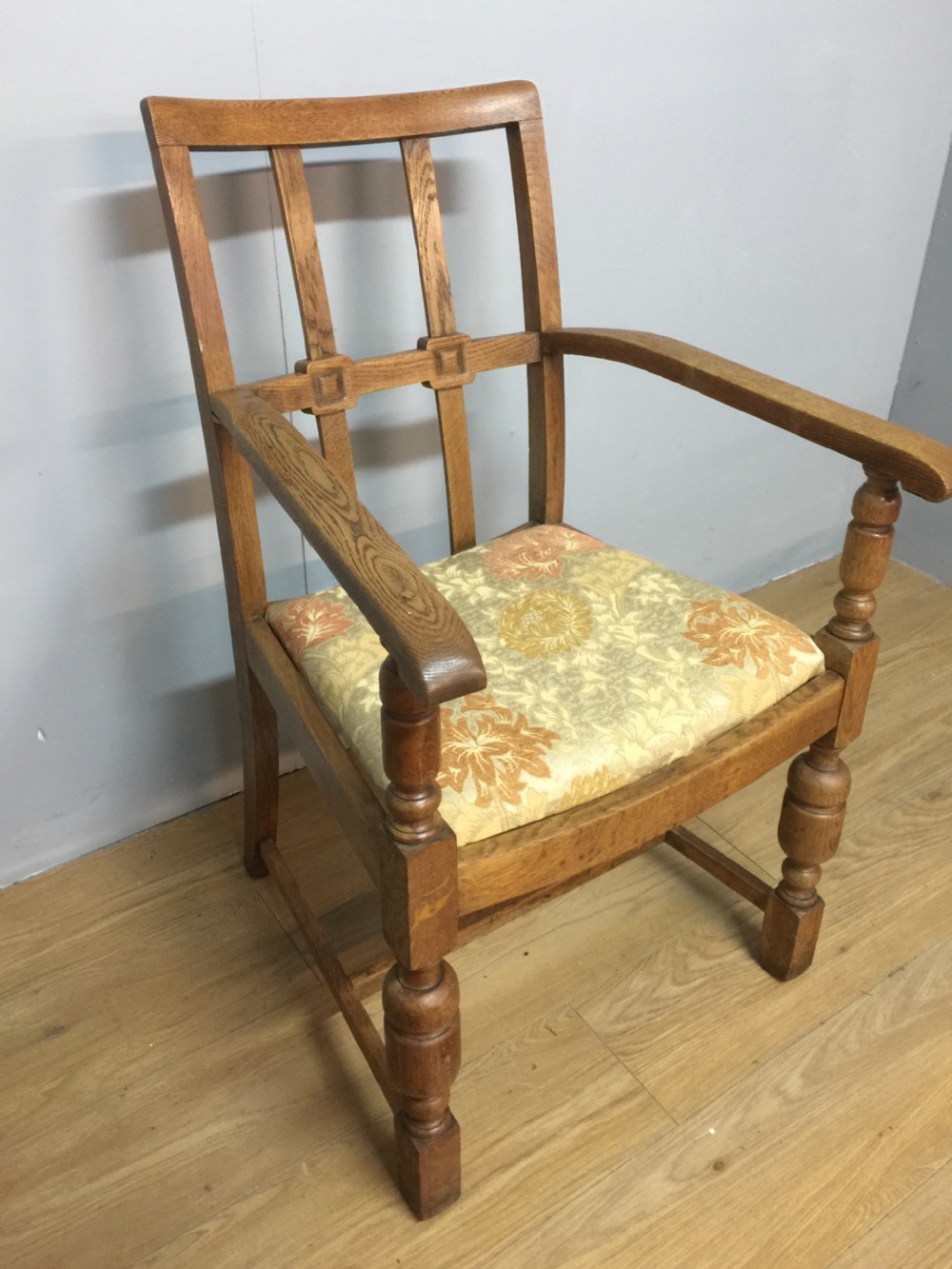 Arts and crafts golden oak armchair from a Masonic Lodge  View II