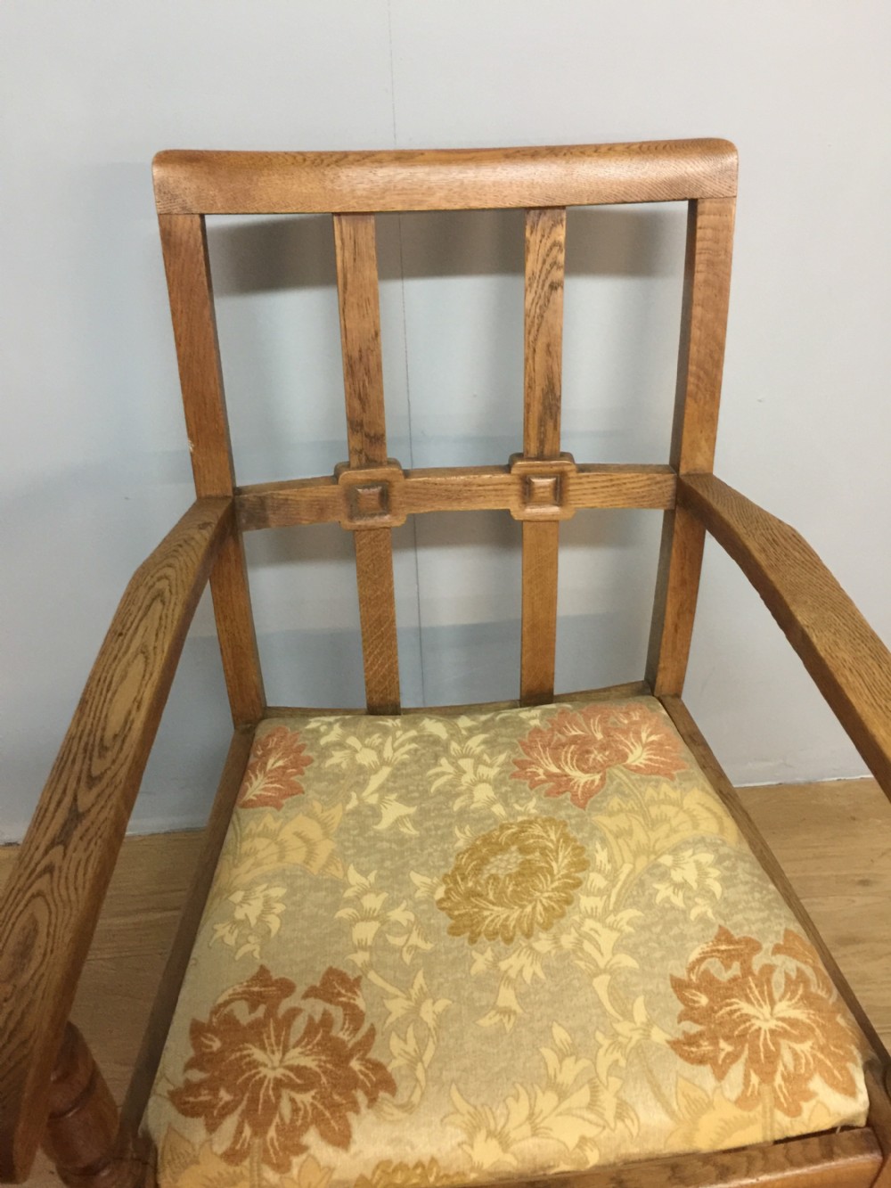 Arts and crafts golden oak armchair from a Masonic Lodge  View IV