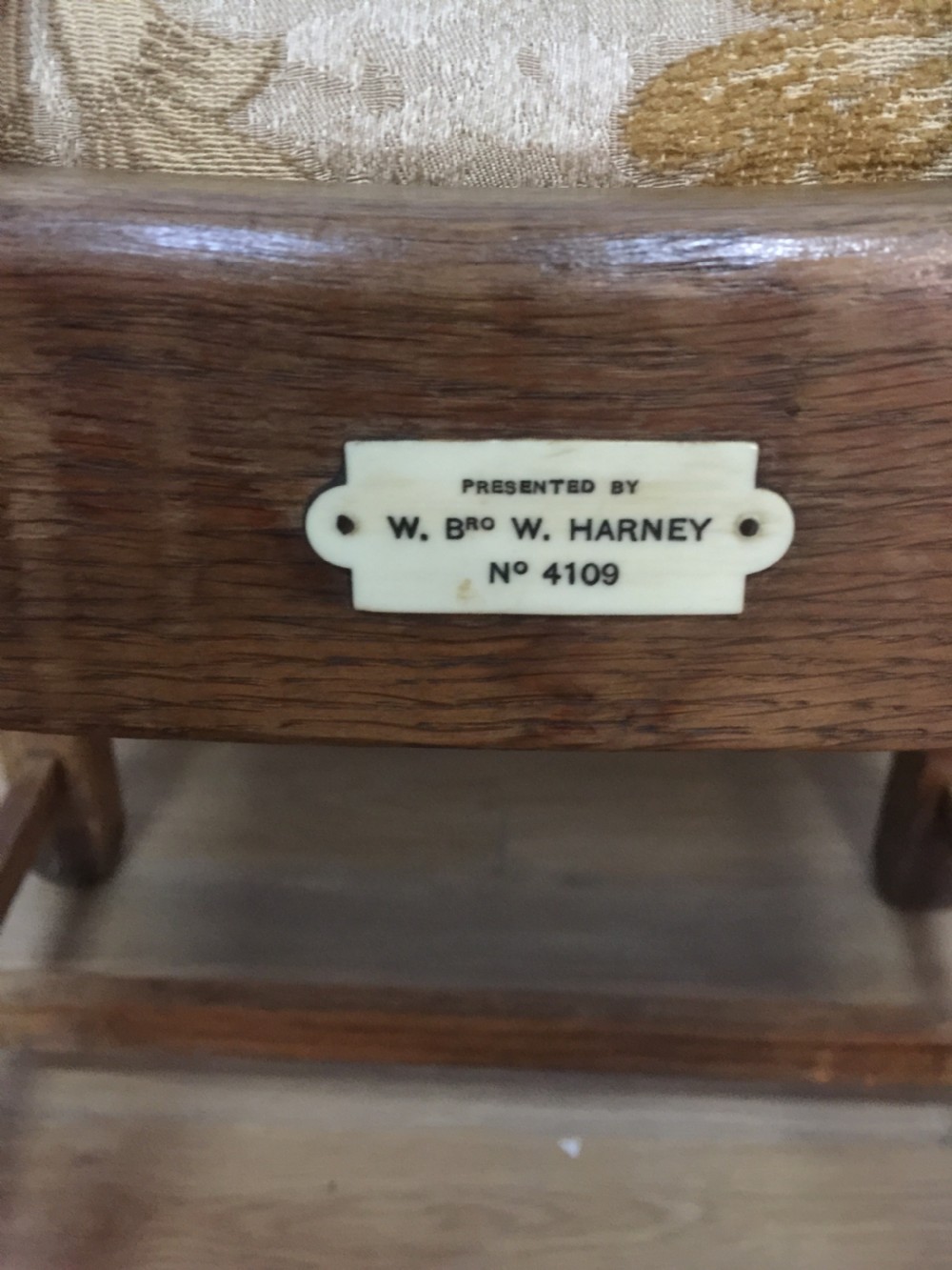 Arts and crafts golden oak armchair from a Masonic Lodge  View VI