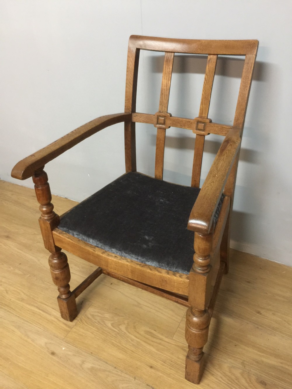 Arts and crafts golden oak armchair from a Masonic Lodge  View II