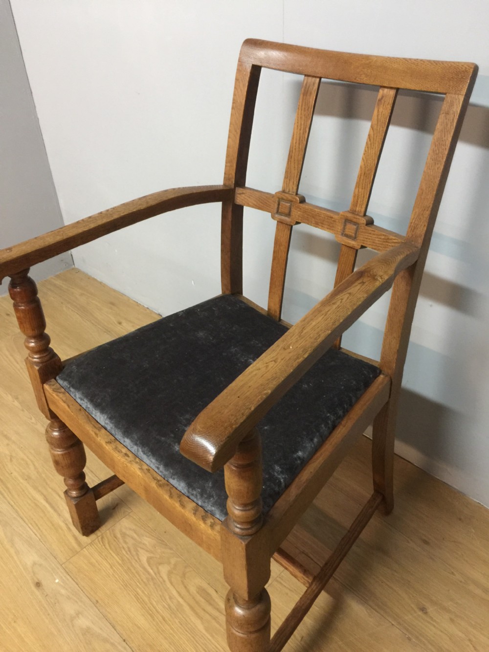 Arts and crafts golden oak armchair from a Masonic Lodge  View III