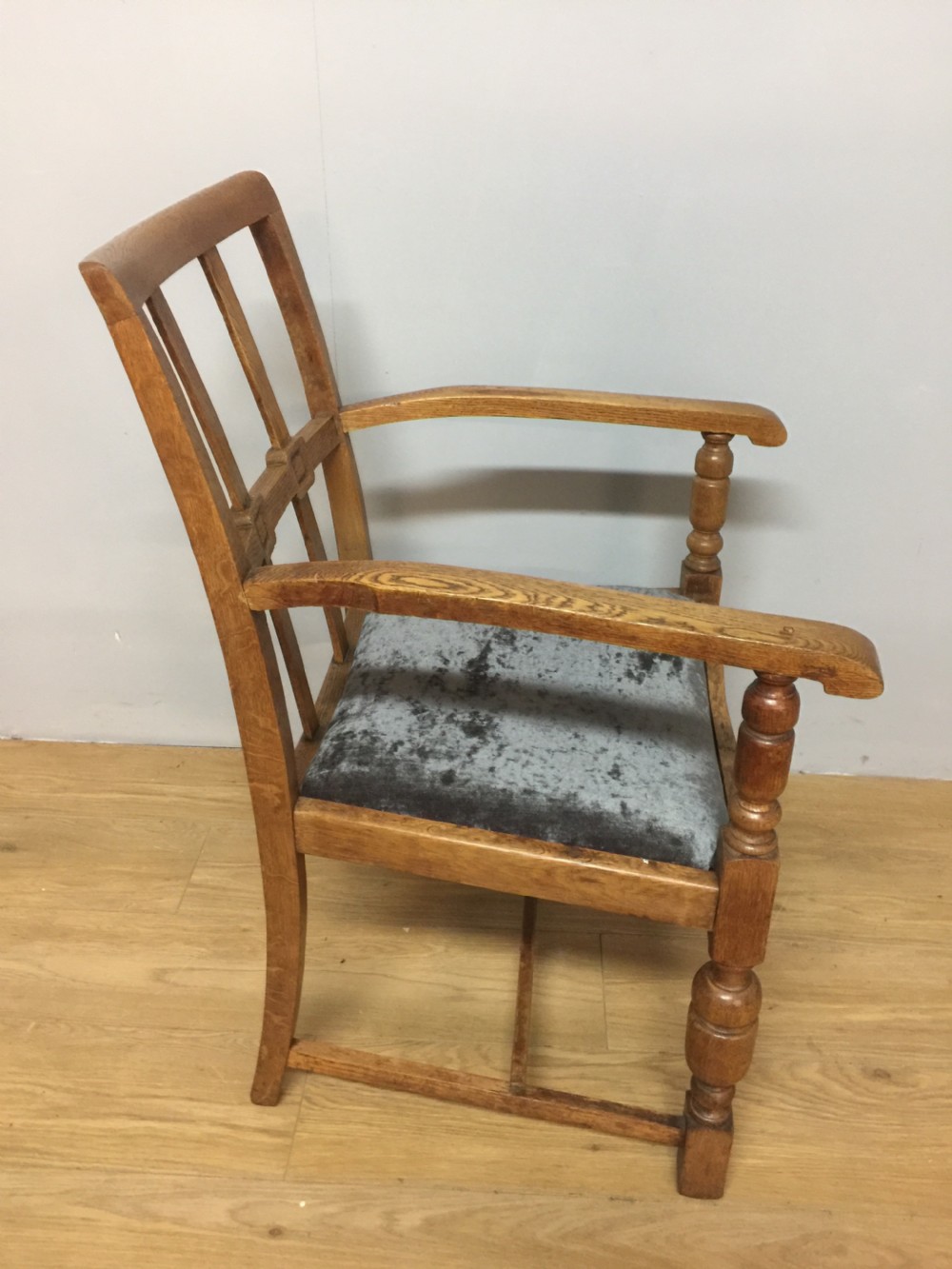 Arts and crafts golden oak armchair from a Masonic Lodge  View IV