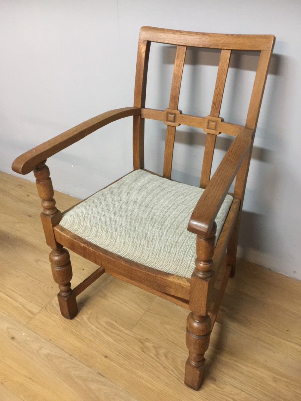 Arts and Crafts golden oak armchair from a Masonic Lodge  View II