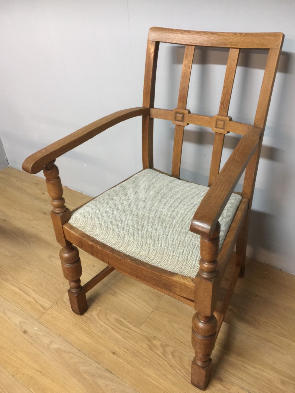 Arts and Crafts golden oak armchair from a Masonic Lodge  View IV