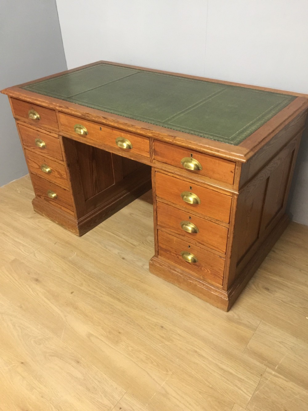 Nineteenth century pitch pine twin pedestal desk tooled leather top
