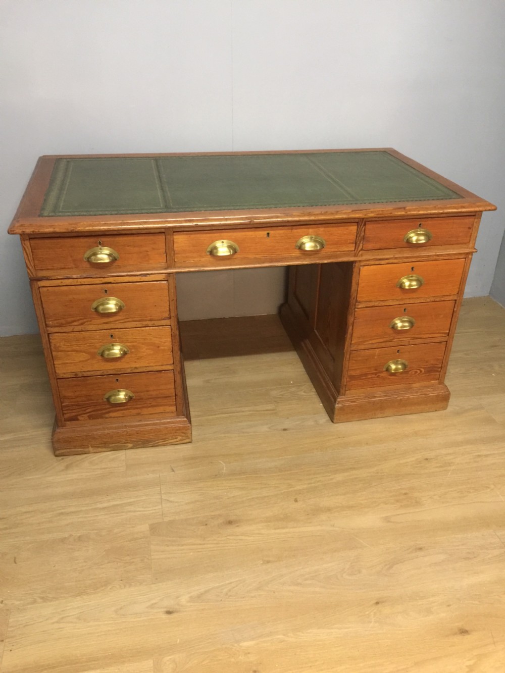 Nineteenth century pitch pine twin pedestal desk tooled leather top View II