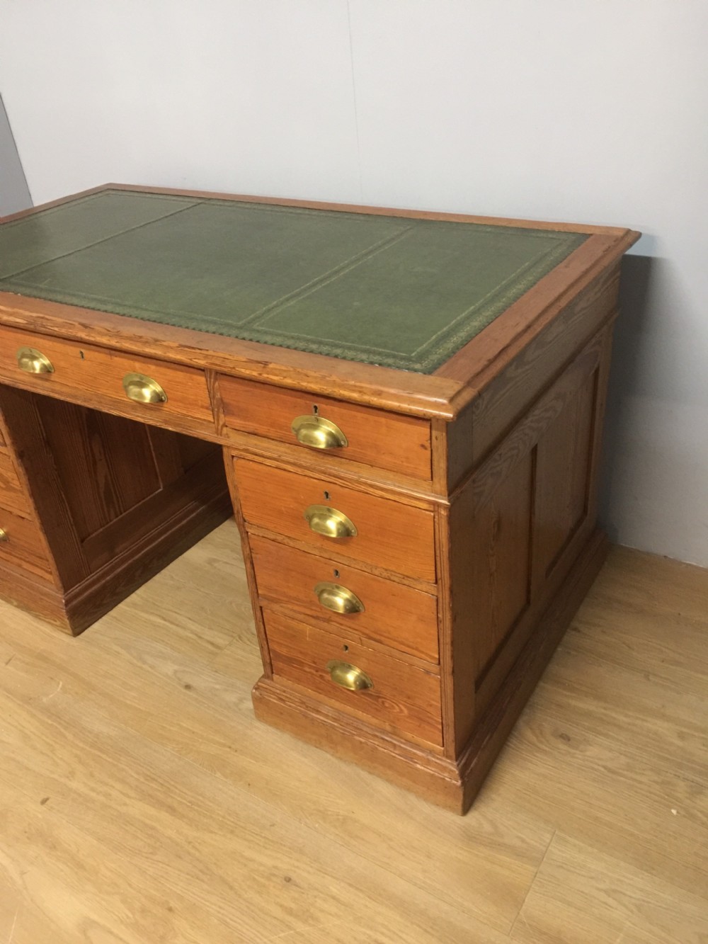 Nineteenth century pitch pine twin pedestal desk tooled leather top View III