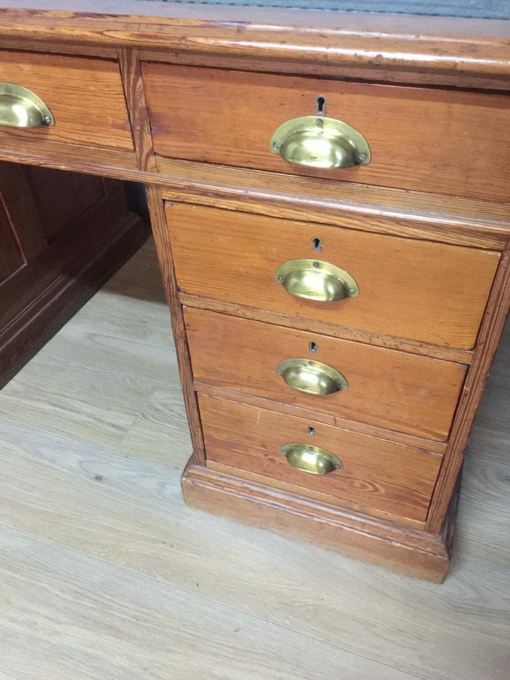 Nineteenth century pitch pine twin pedestal desk tooled leather top View IV