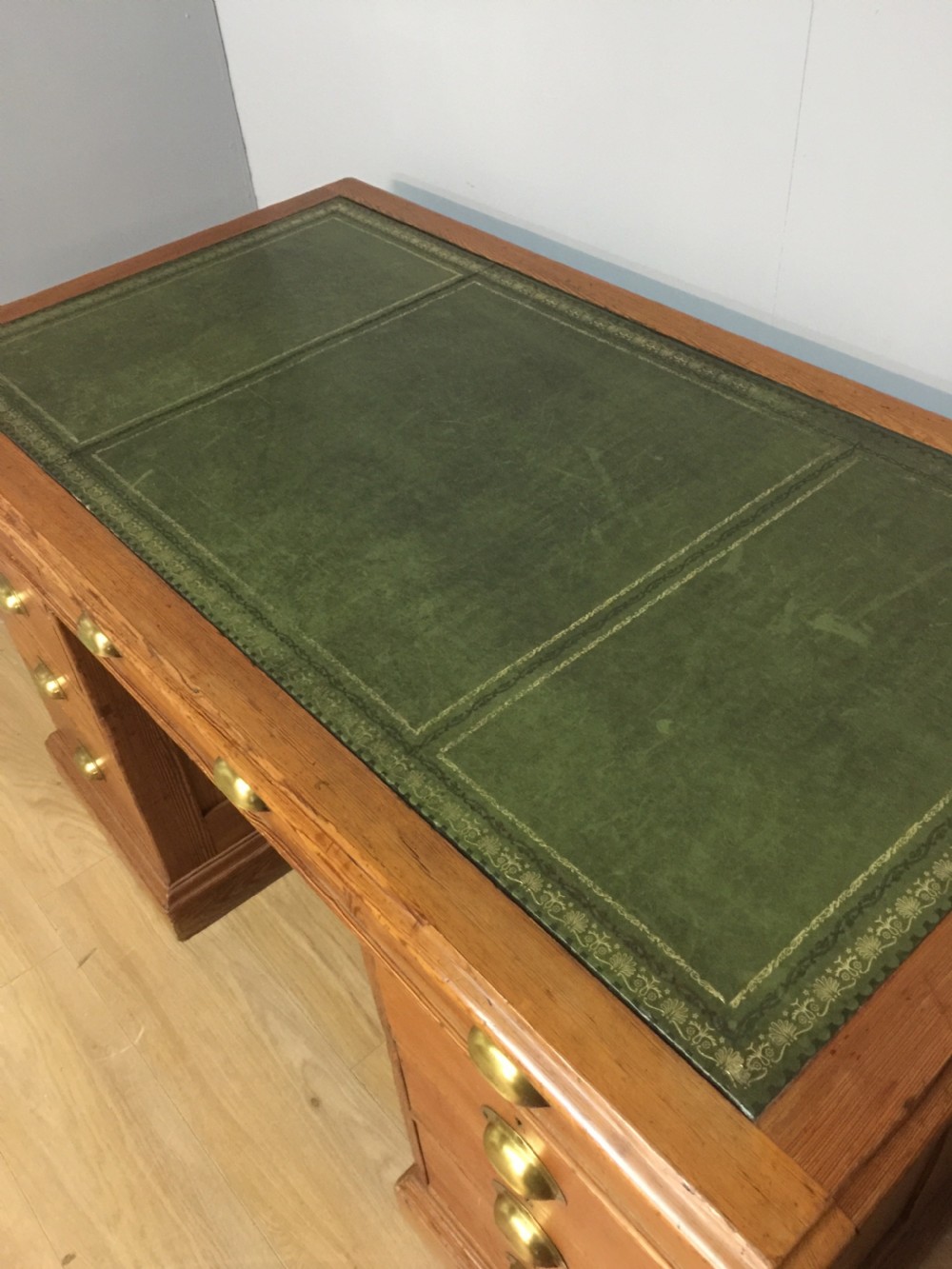 Nineteenth century pitch pine twin pedestal desk tooled leather top View V