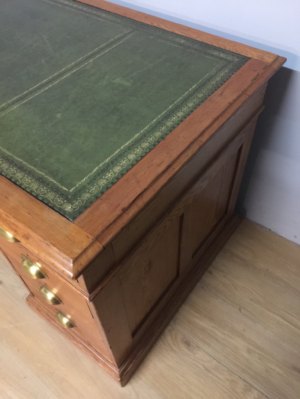 Nineteenth century pitch pine twin pedestal desk tooled leather top View VI